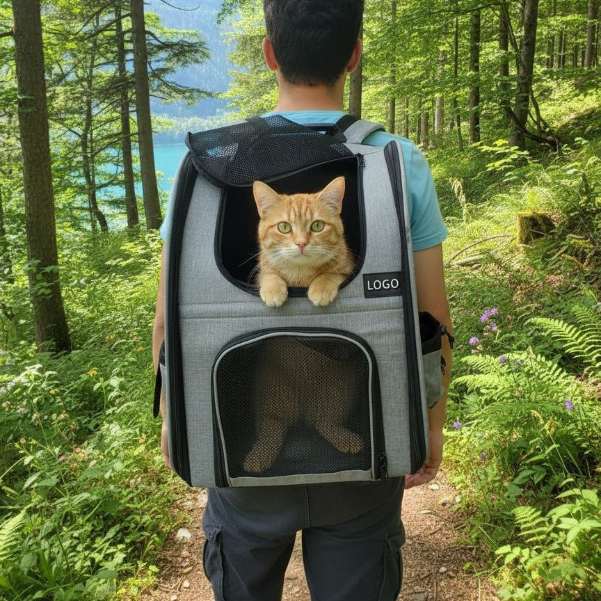 Foldable black pet carrier backpack with breathable mesh panels, view 2 of 6