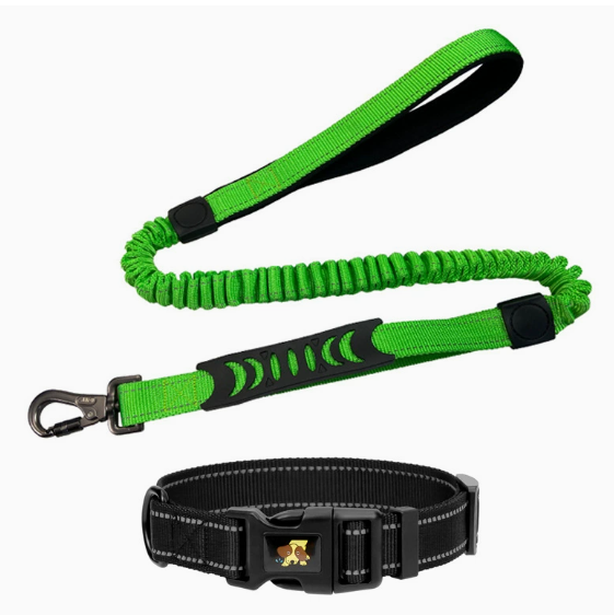 Reflective bungee dog lead in fluorescent green with metal clip