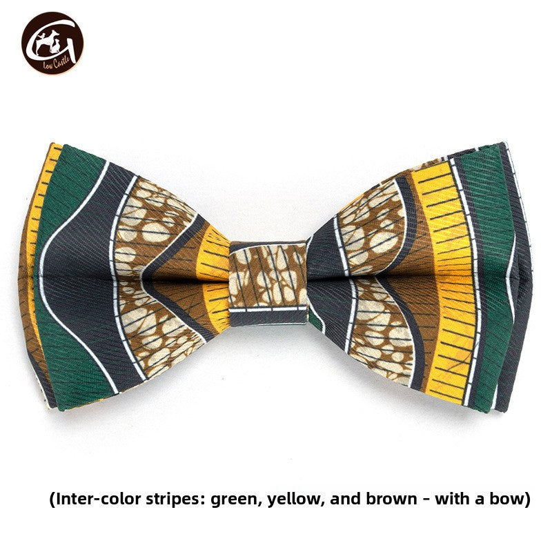 Floral fabric dog collar with gold buckle, in use with a pet