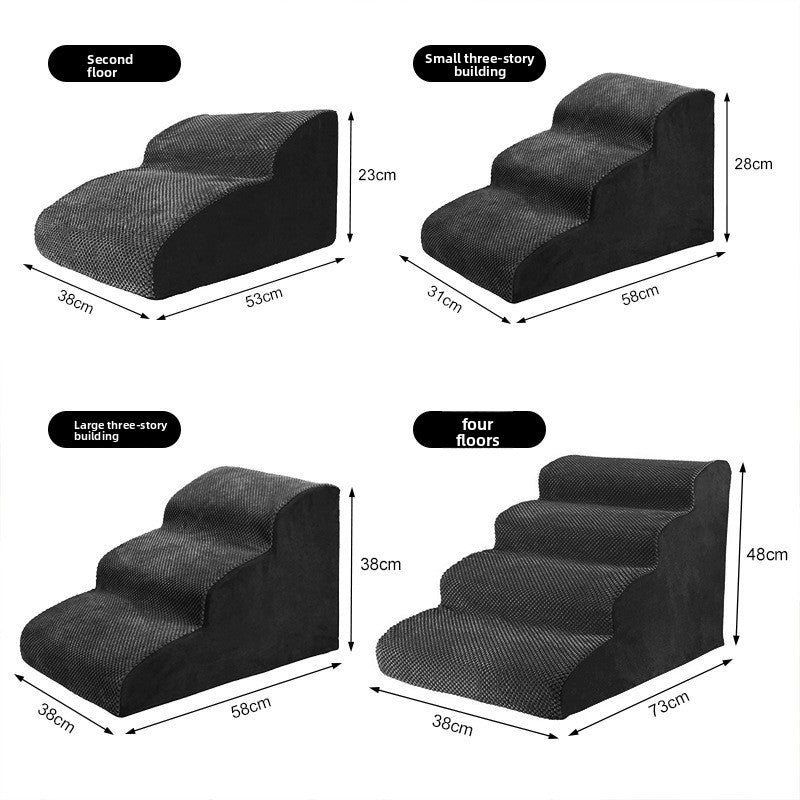 Black foam dog stairs size chart with 2 to 5 step options
