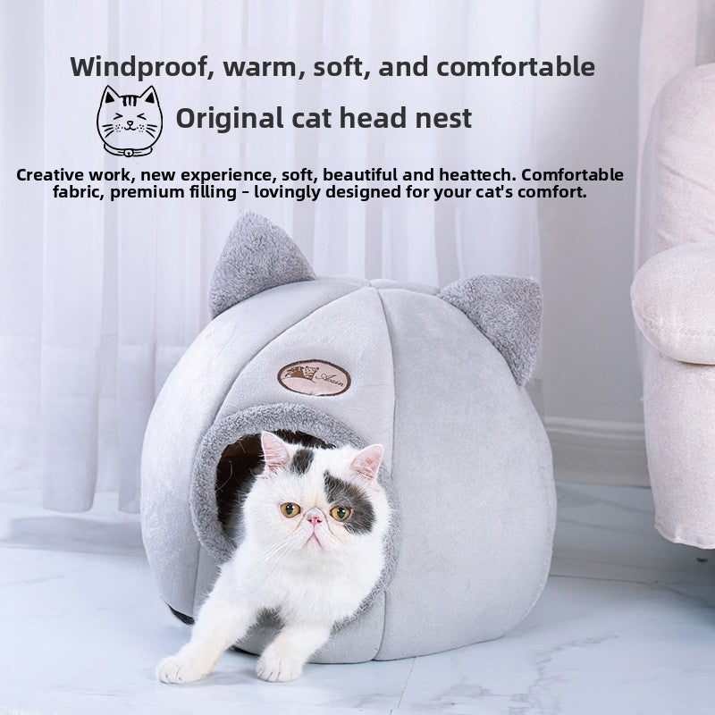 Pink semi enclosed velvet cat bed, cube shaped warm nest, view 1