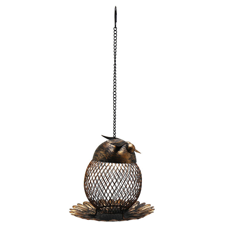 Bronze metal owl shaped hanging bird feeder for gardens, view 1