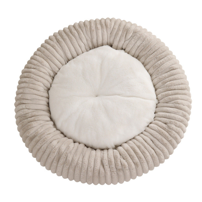 Round striped faux fur pet bed in dark grey for cats