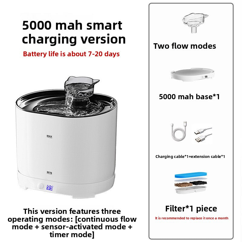 Cordless rechargeable pet water fountain in white with sensor