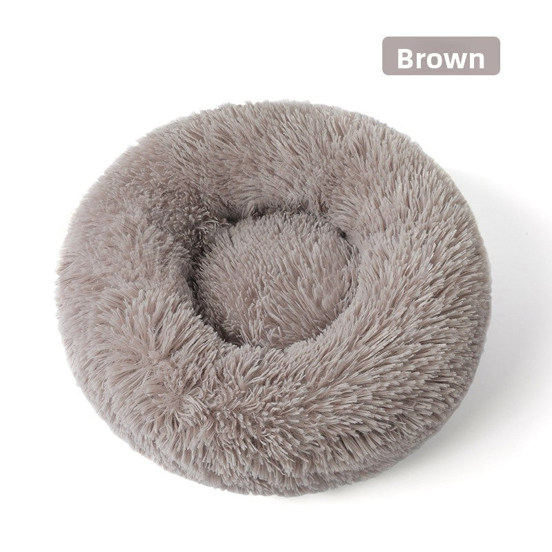Plush round padded dog and cat bed in Brown