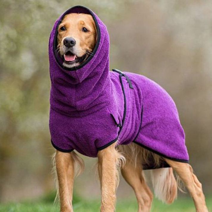 Dog wearing a soft lake blue polar fleece jumper