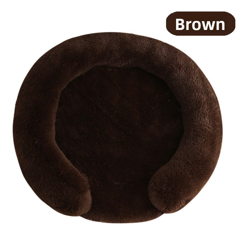 Plush round donut bed for cats and dogs in Light Brown, close-up detail view