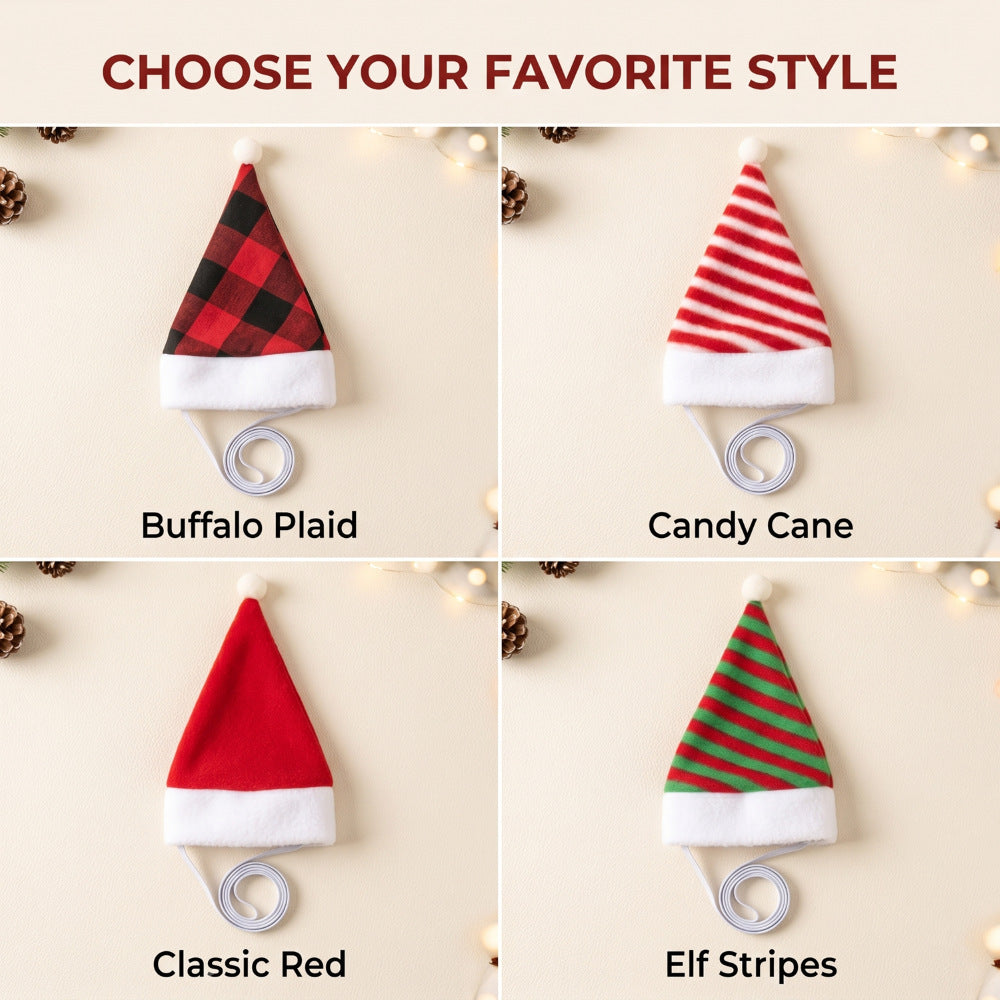 Plush Christmas pet hats in red, plaid and stripes