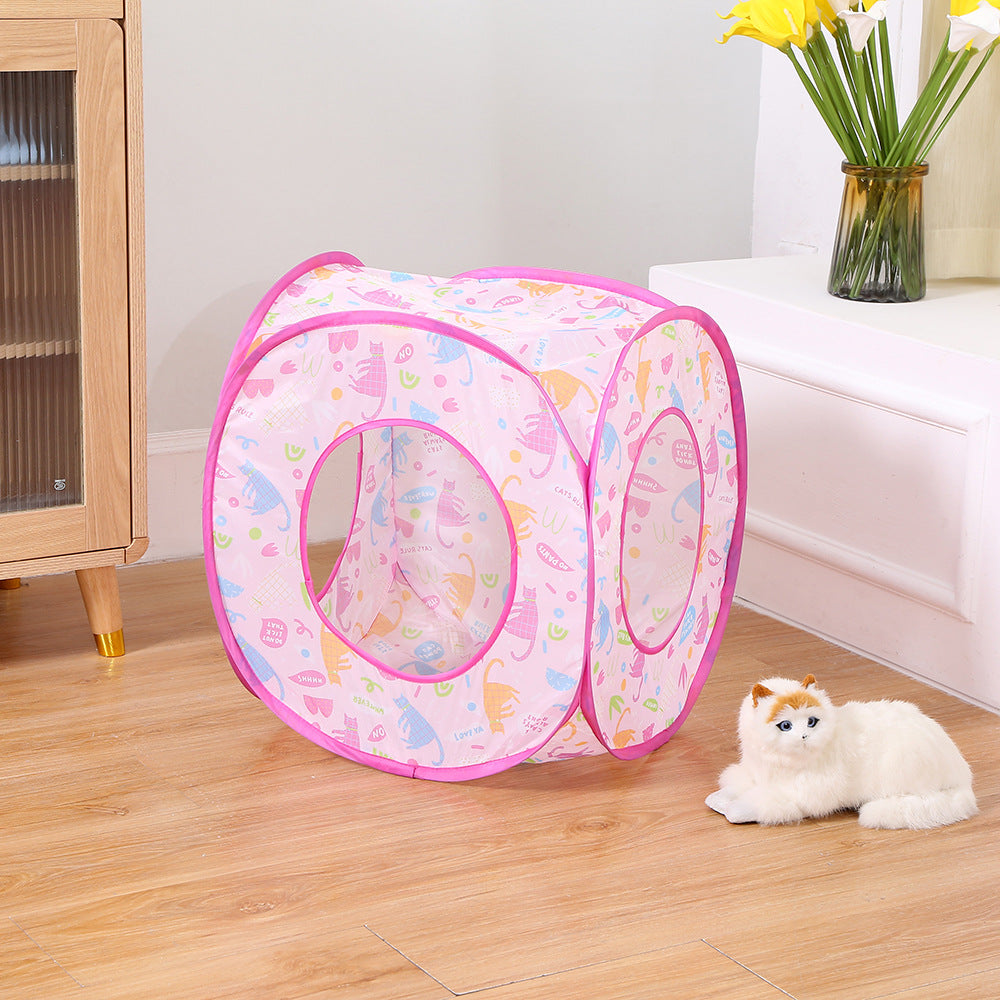 Foldable cat tent bed with play tunnel in rose red, view 7