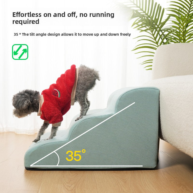 Cat walking up banana yellow foam pet steps
