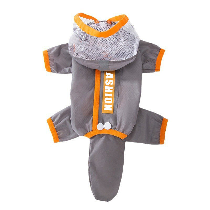 Small dog in an orange four leg raincoat with tail cover