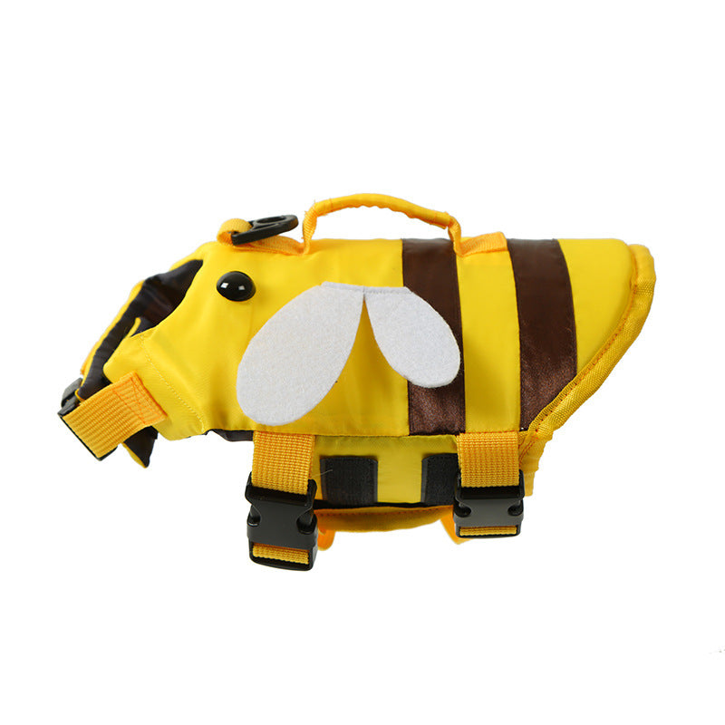 Adjustable dog swim vest with bee print in Dragonfly, close-up detail