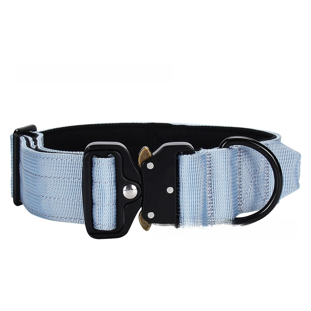 Tactical nylon dog collar with cobra buckle in Light Blue, showing size and shape