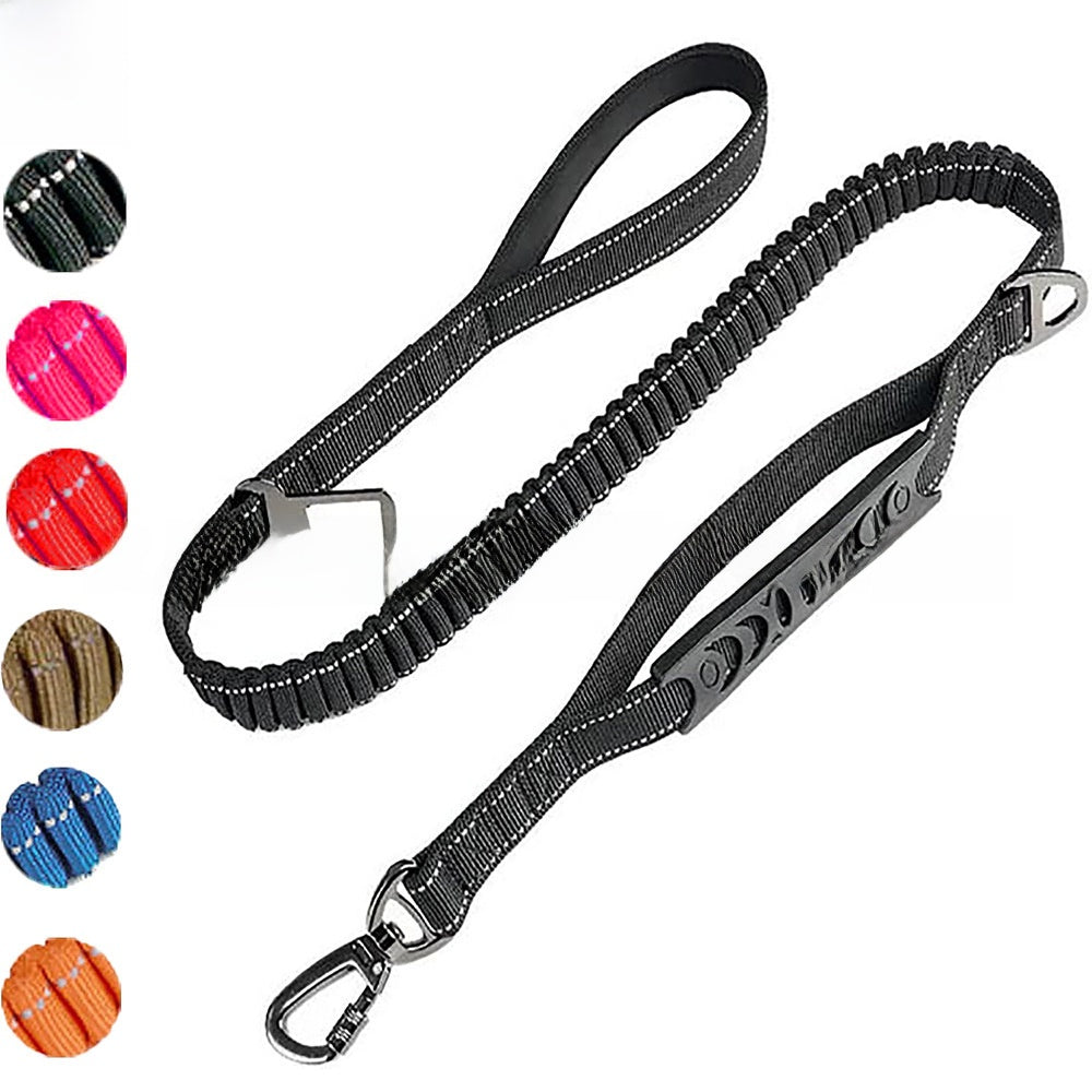 Elastic bungee dog lead with padded handle and car clip, product photo