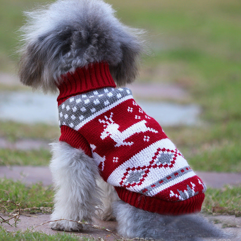 Knitted Christmas pet jumpers in reindeer, snowflake and leaf patterns