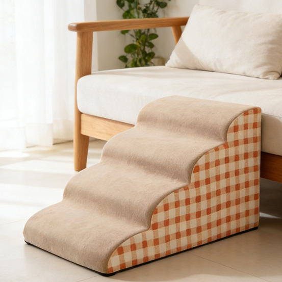 Two-step foam pet stairs with plaid cover, photo 1 of 11