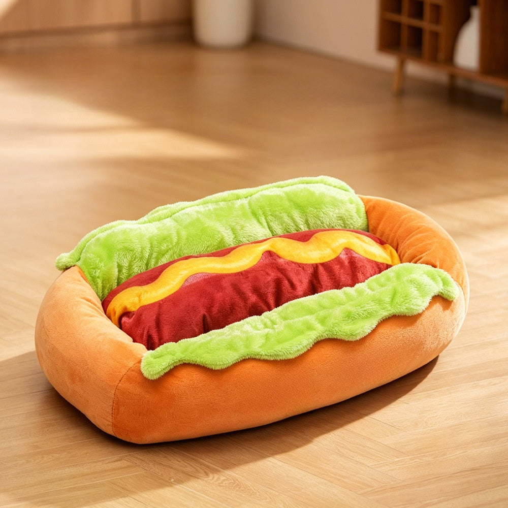 Hot dog pet bed shown in small, medium and large sizes