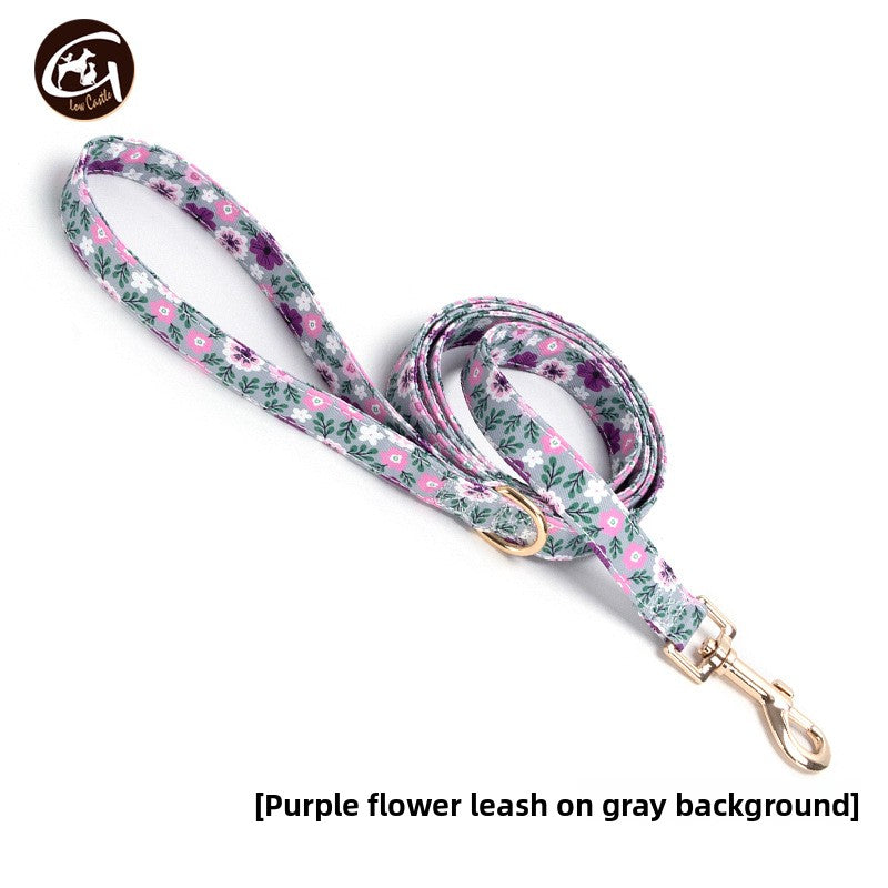 Floral fabric dog collar with gold buckle in Green Yellow Brown Stripe Lead, side view