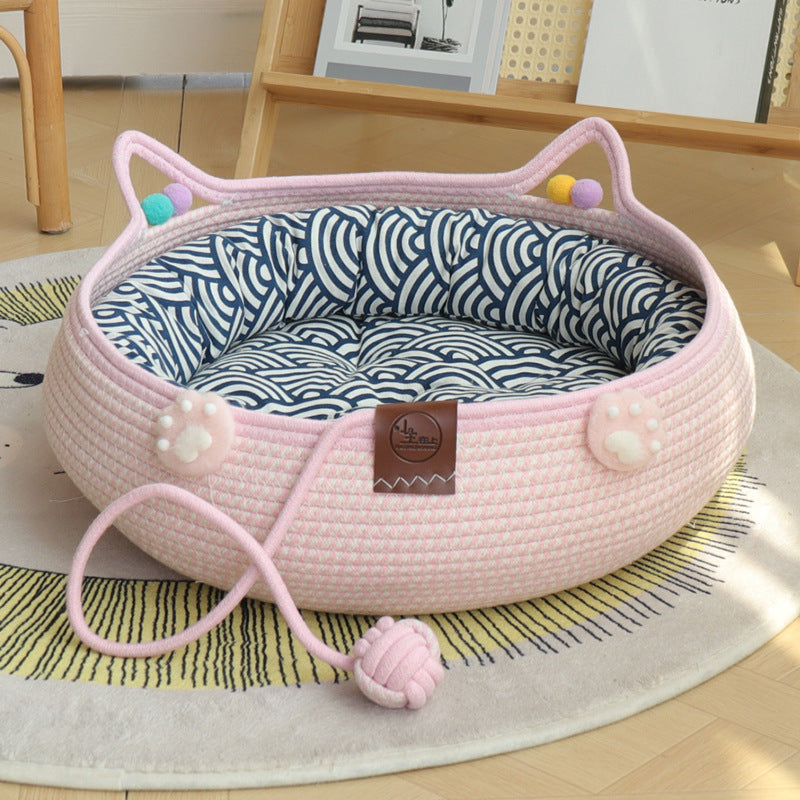 Handmade rattan cat bed with scratching board and ball