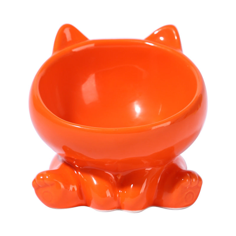 Ceramic Cat Bowl with Angled Mouth and Reaching Hand Designs, Easy-Clean Pet Food Dish