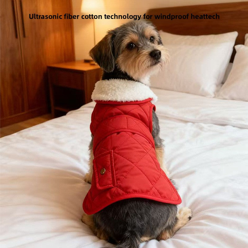 British style two-leg dog winter vest jacket in Red, side view