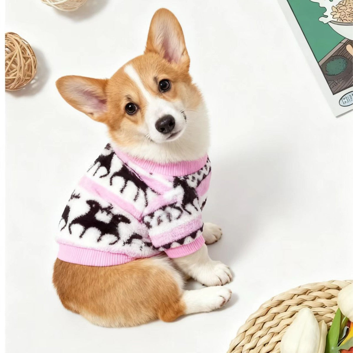 Dog wearing a red Christmas snowflake and reindeer top