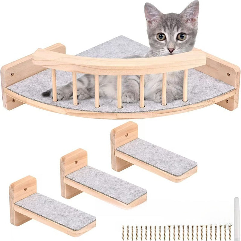 Wall-mounted pine cat climbing shelves with bed, photo 2 of 8