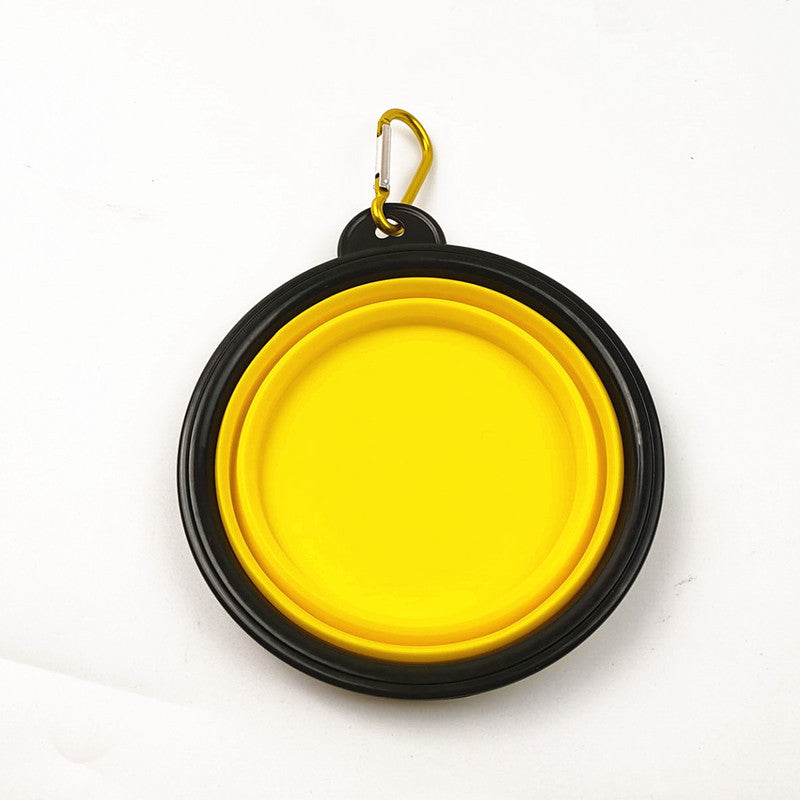 Blue portable folding pet bowl filled with water on a walk