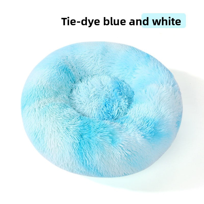 Plush round padded dog and cat bed in Tie-Dye Blue and White