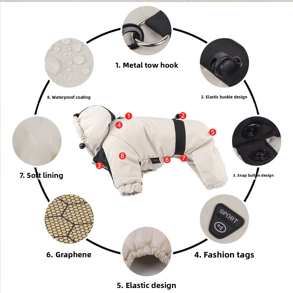 Hooded four leg winter dog jackets in five colours