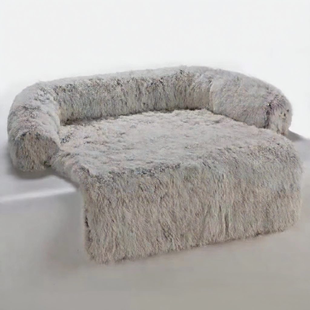 Dark grey long plush curved dog bed with raised sides, photo 4
