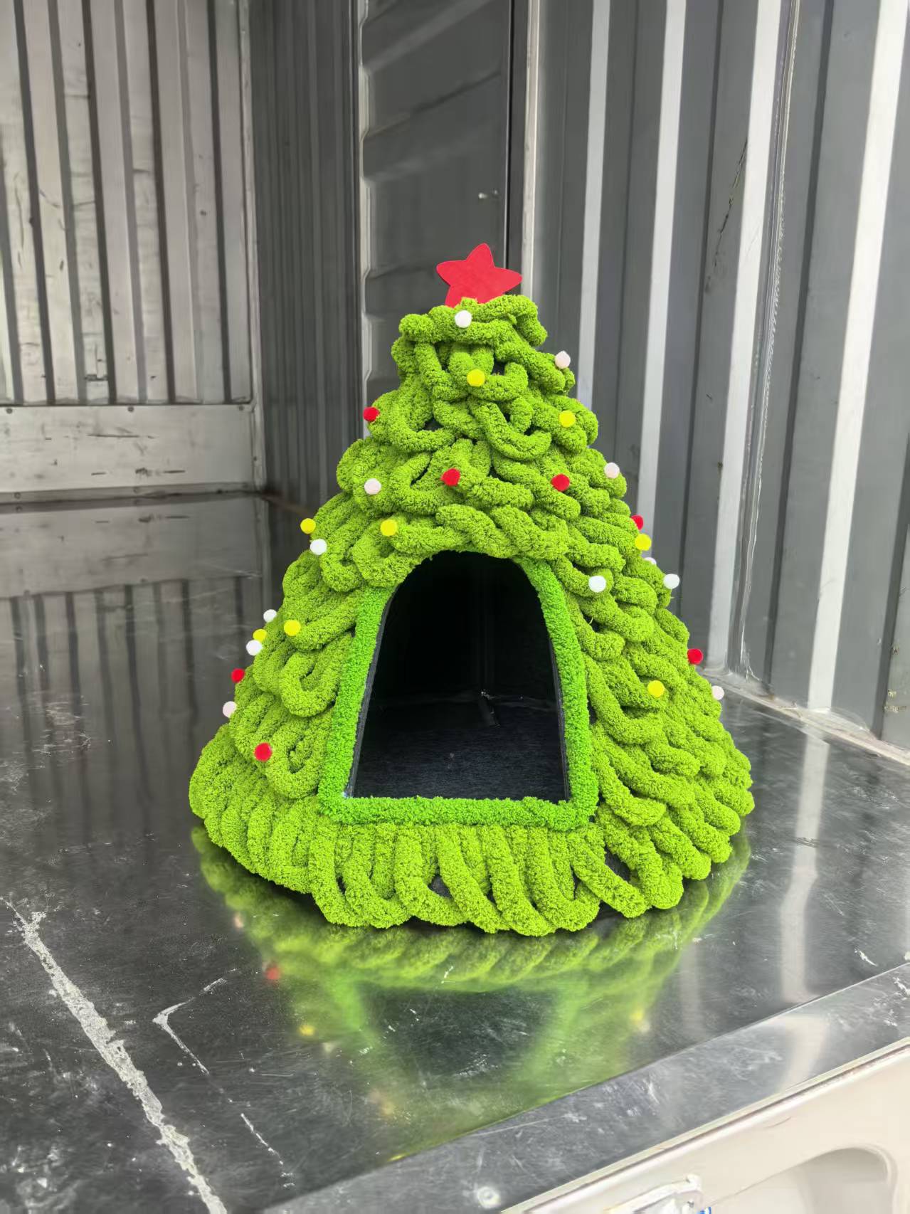 Felt tapered Christmas tree cat nest with hanging toy ball, product image 10