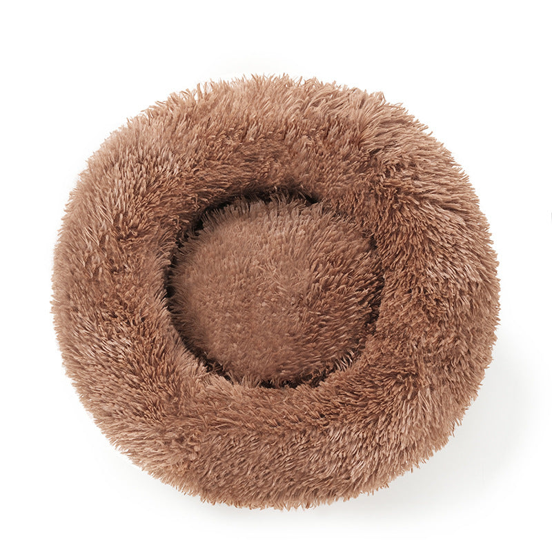 Light grey plush round donut pet bed for cats and dogs, photo 24