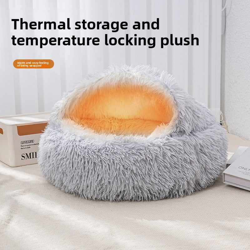 Semi-enclosed shell cat bed with plush lining, shown in 8 colours and styles