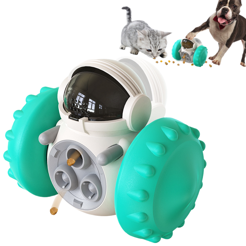 Interactive Cat Food Dispensing Toy with Wobbling Robot or Tumbler Design and Slow Release