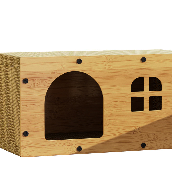 Wooden cat house with built-in scratching board, main product photo