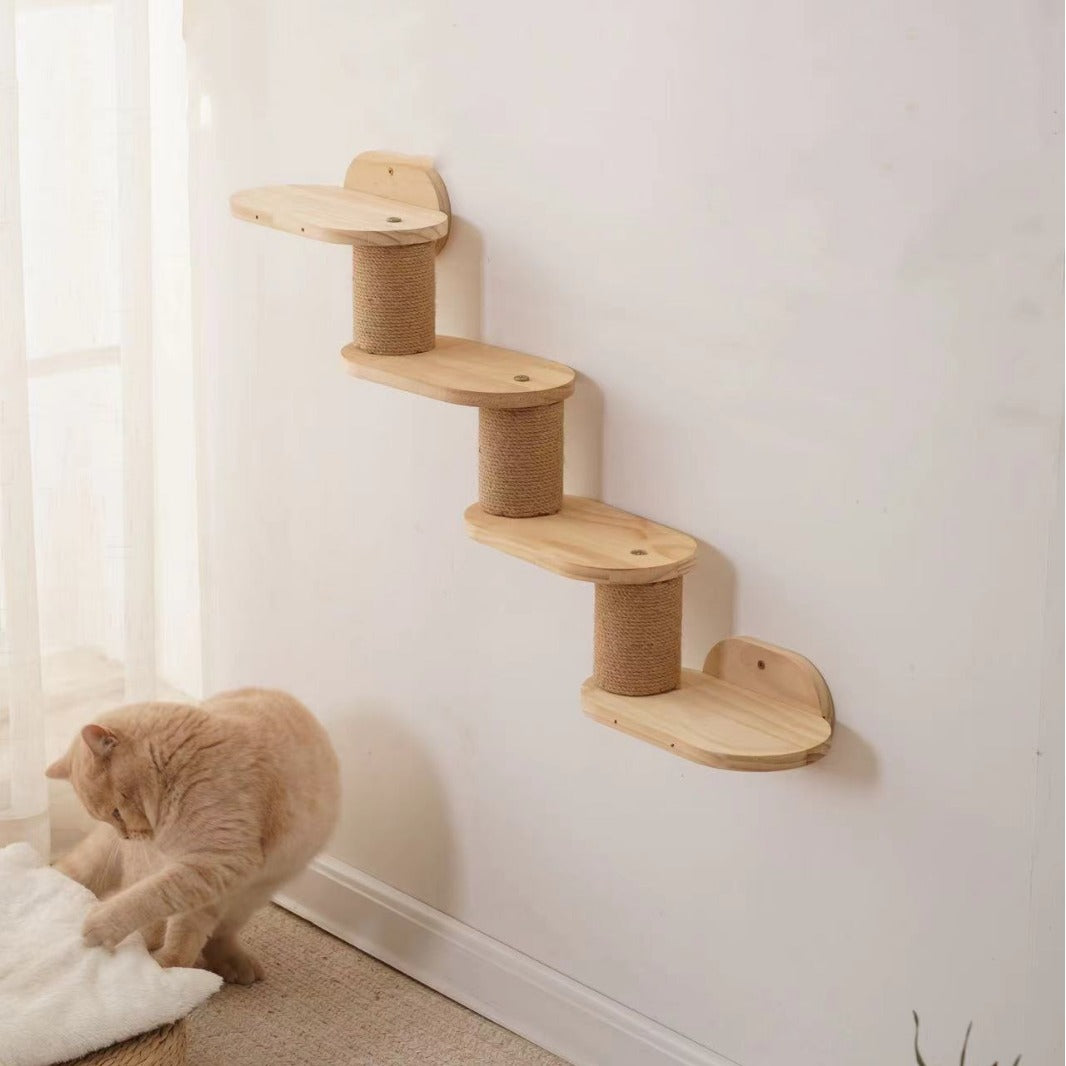 Wooden wall-mounted cat climbing frame with sisal post