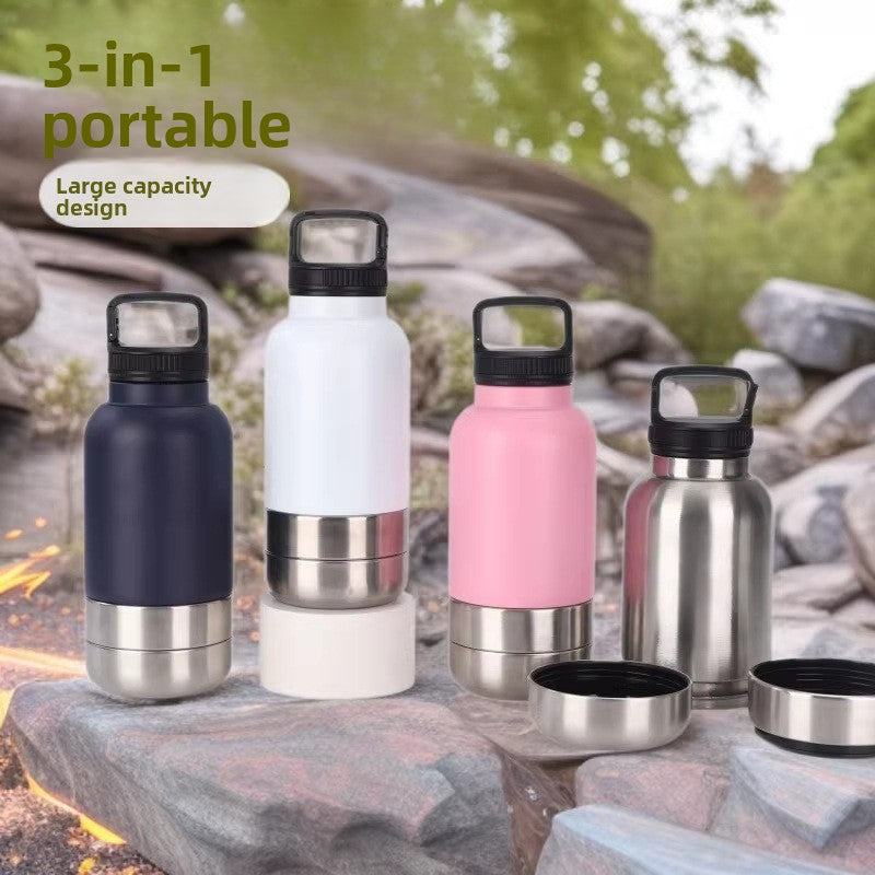 3-in-1 Portable Insulated Pet Water Bottle and Double-Layer Bowl, 32oz Stainless Steel