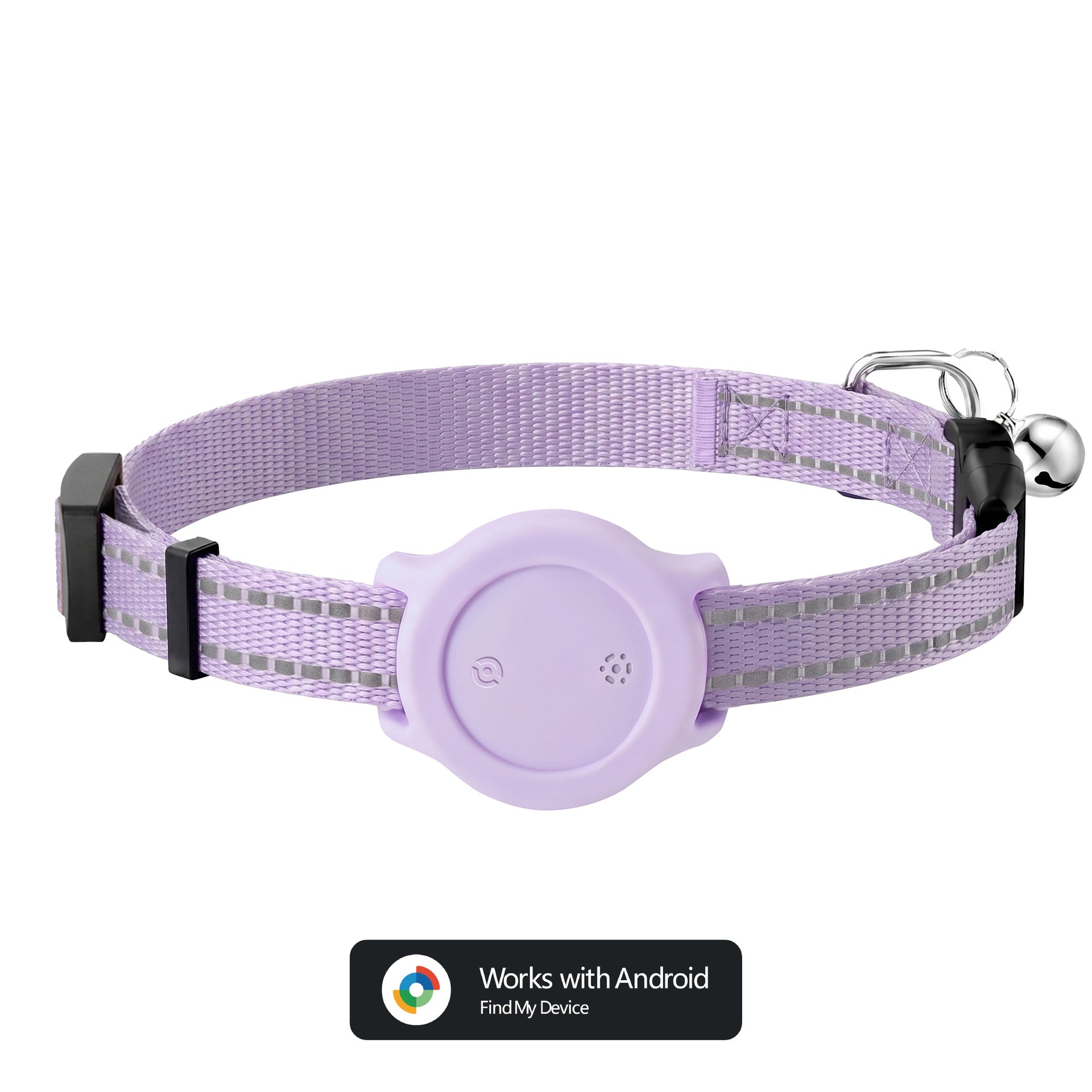Reflective Bluetooth tracker collar for cats and small dogs, showing size and shape