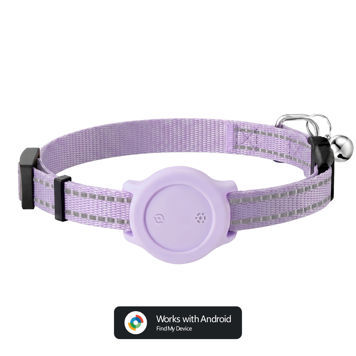 Reflective Bluetooth tracker collar for cats and small dogs, showing size and shape