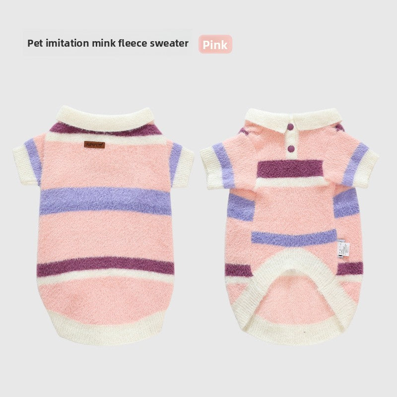 Faux mink velvet polo jumper for dogs and cats in Pink Stripe Jumper, front view