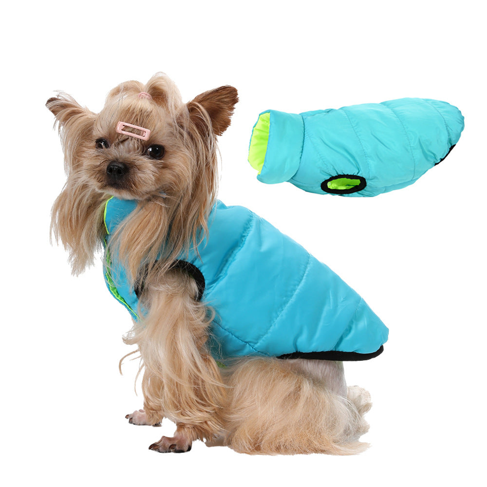 Reversible high collar dog winter vest in Lake Blue and Green, front view