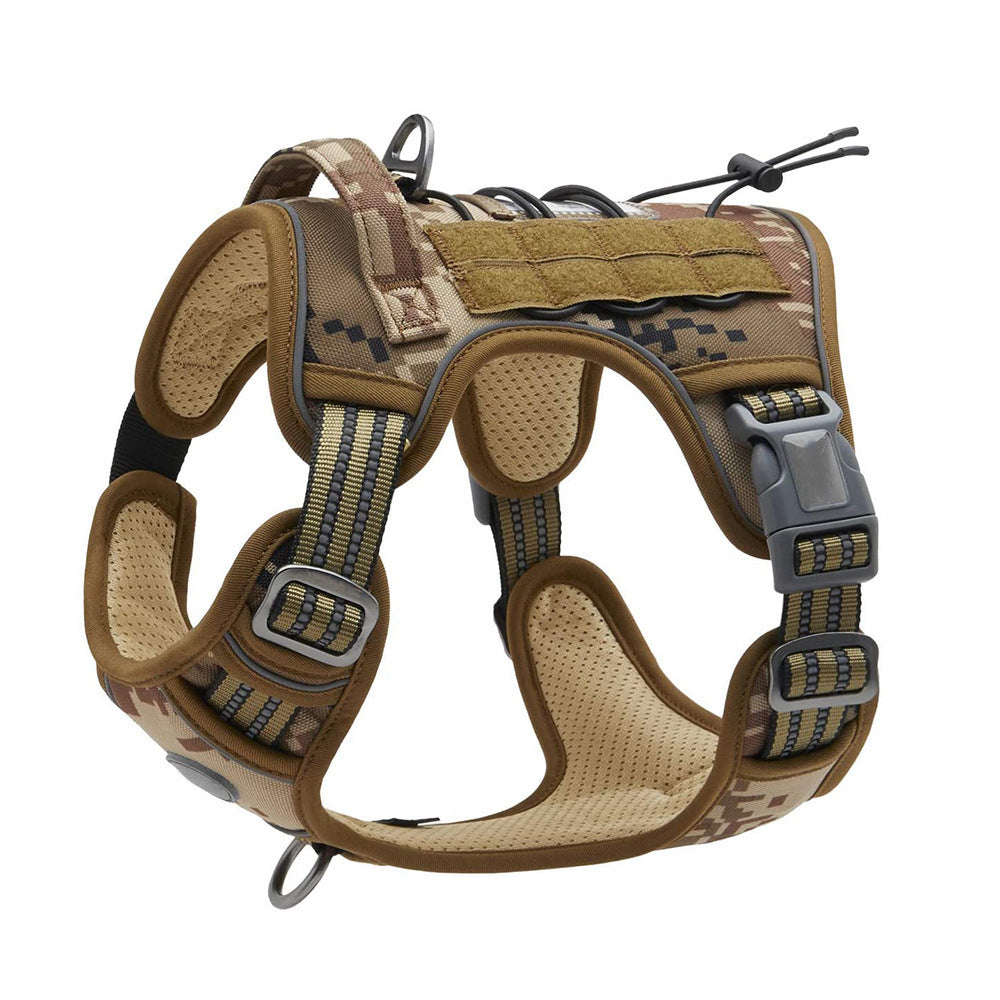 Tactical nylon dog harness with metal buckles in desert camo, view 6