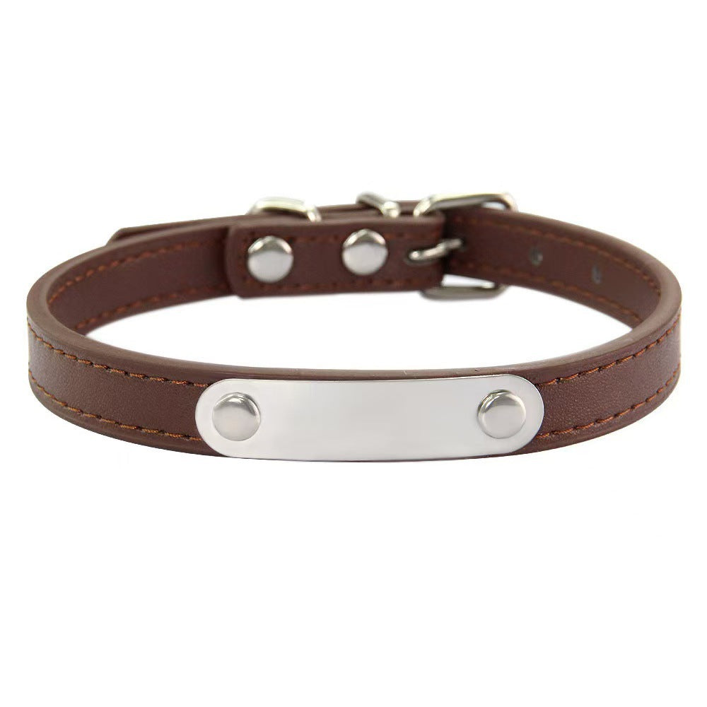 PU leather pet collar with ID tag and bell in Brown, close-up detail
