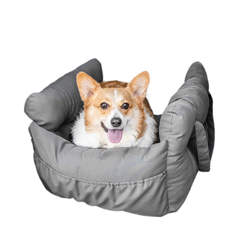 Dark grey padded dog car booster seat bed with strap, view 1