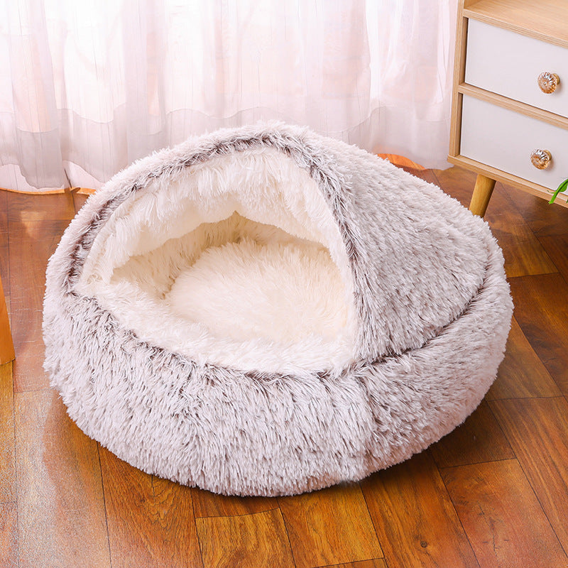 Winter Semi-Enclosed Cat Bed, 2-in-1 Warm Cave and Cushion