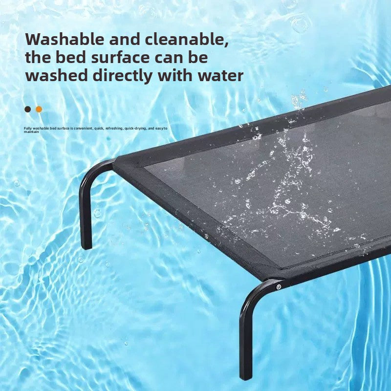 Elevated dog cot bed with removable washable cover, close-up detail view