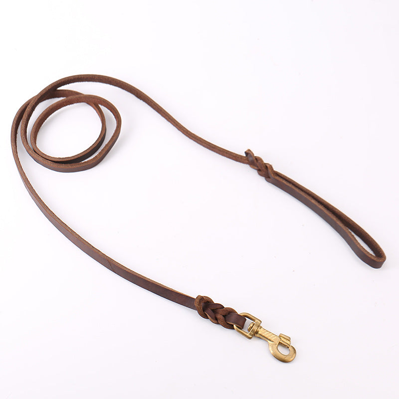 Brown leather dog lead with metal clip for walks, view 3
