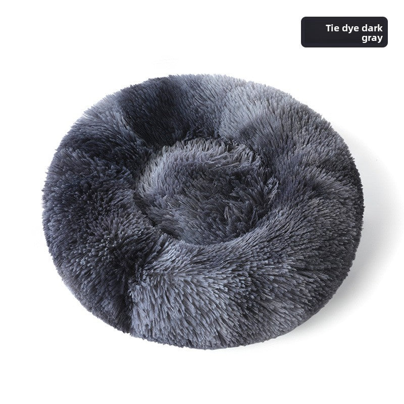 Plush round padded dog and cat bed in Tie-Dye Dark Grey