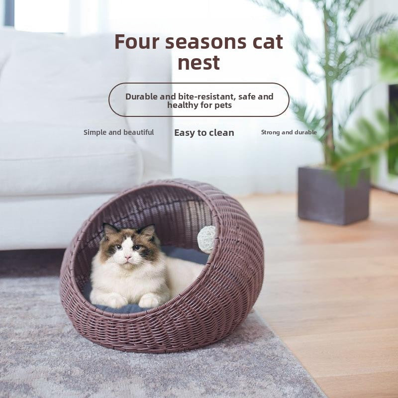 Hand woven rattan cat bed with removable washable cushion, view 2 of 23